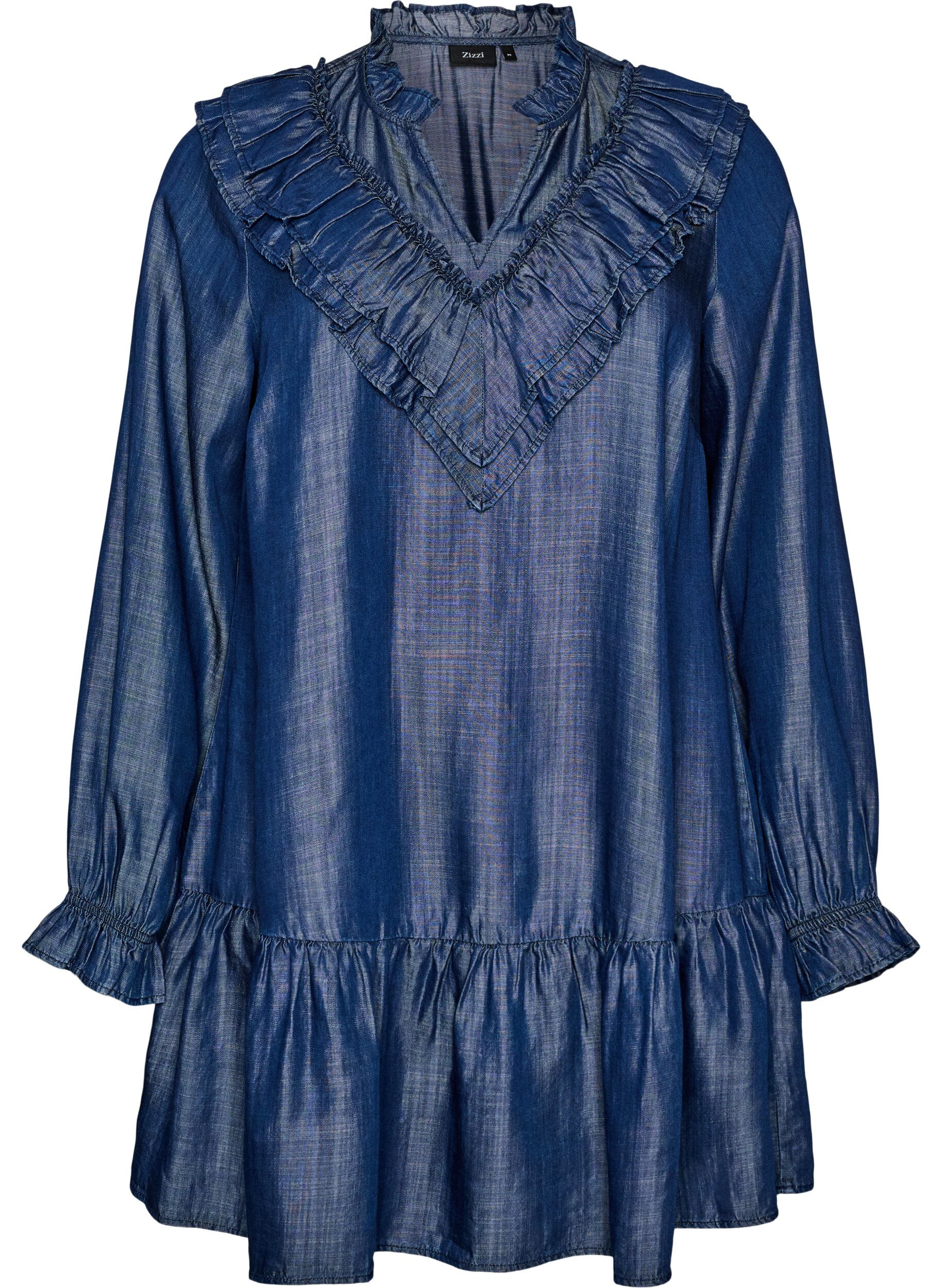 ZizziKurzes Kleid im Denim-Look mit R&uuml;schen, Blau, Packshot image number 0