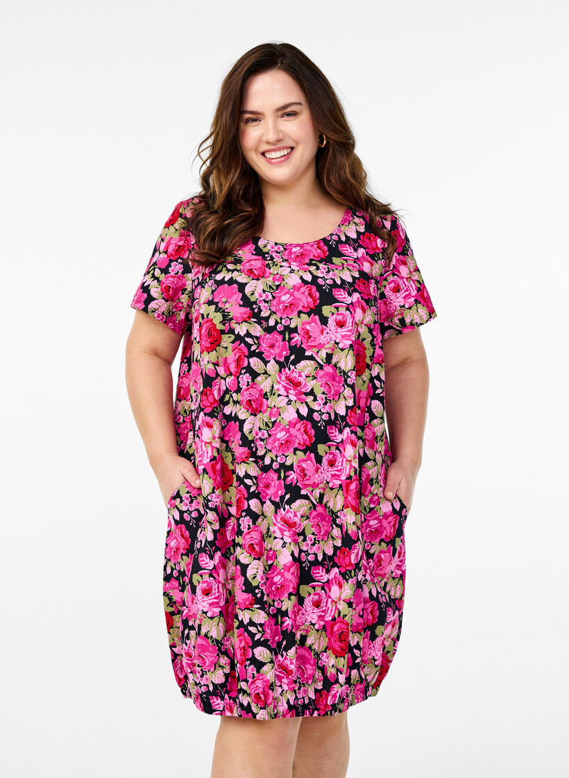 Kurz&auml;rmliges Baumwollkleid mit Aufdruck, Schwarz, Model image number 0
