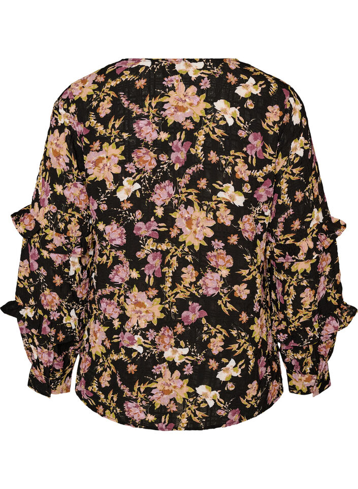Bluse mit Blumenprint und R&uuml;schendetails, Schwarz, Packshot image number 1
