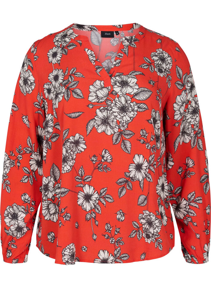 Langärmelige Bluse aus geblümter Viskose, Fiery Red Flower AOP, Packshot image number 0