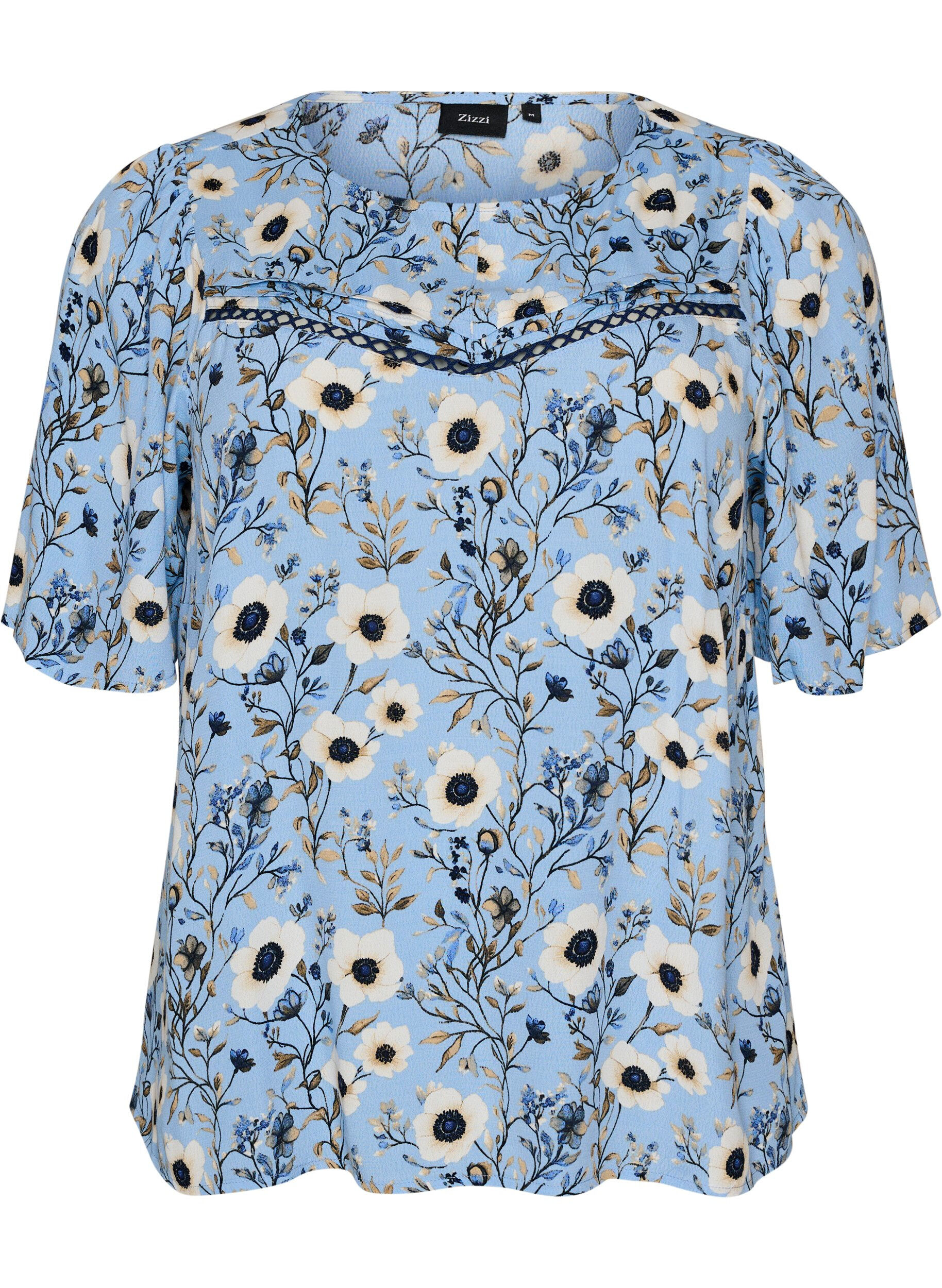 ZizziGebl&uuml;mte Bluse mit kurzen &Auml;rmeln, Blau, Packshot image number 0