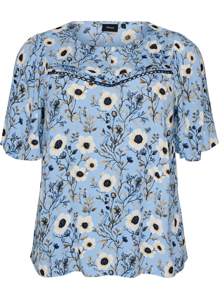 Gebl&uuml;mte Bluse mit kurzen &Auml;rmeln, Blau, Packshot image number 0