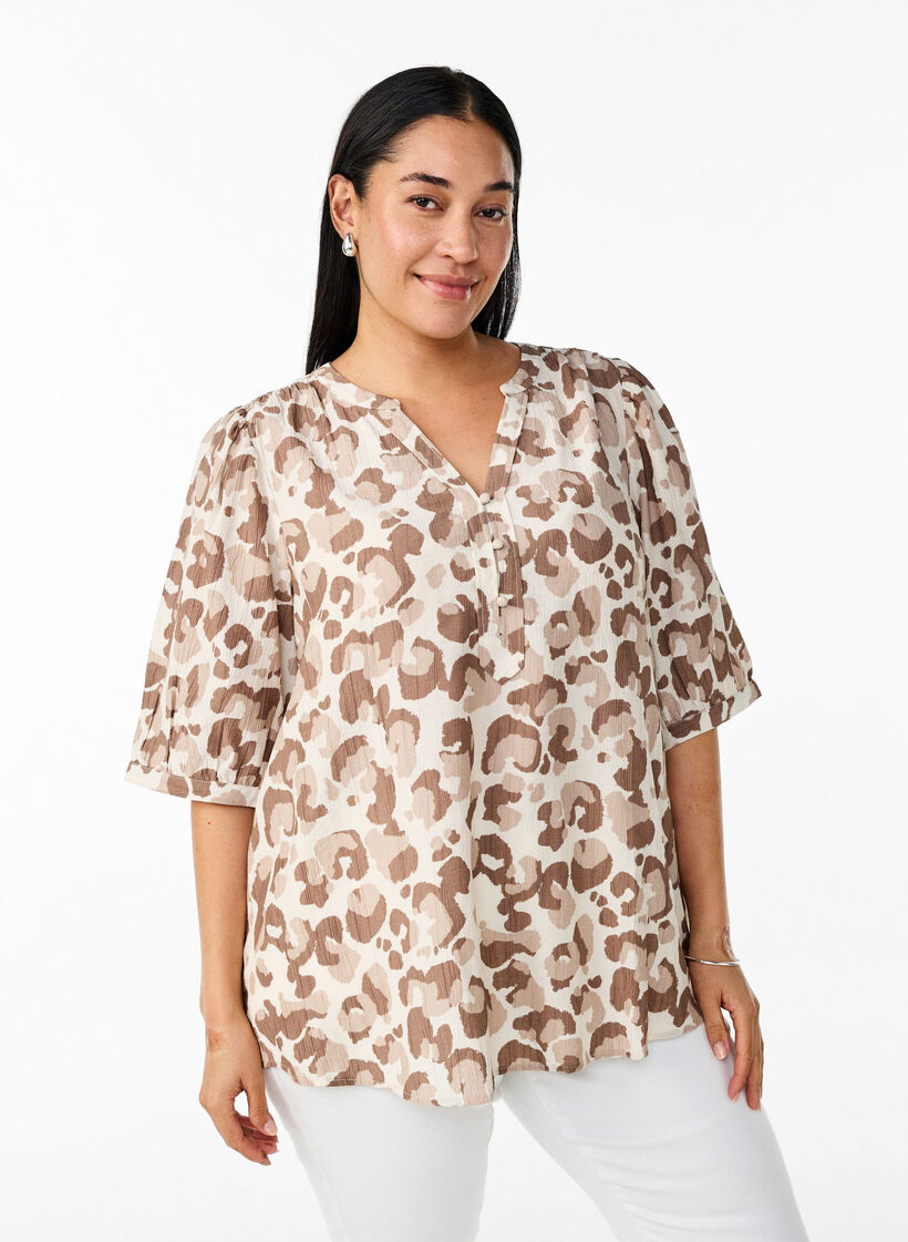 Bluse mit Leopardenmuster und halben Ärmeln, Weiß, Model image number 0