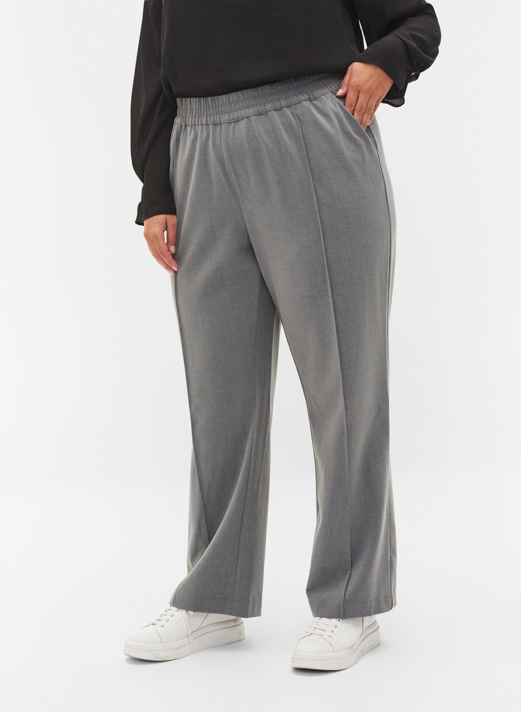 Zizzi Graue melierte Hose mit elastischem Bund, Medium Grey Melange, Model image number 1