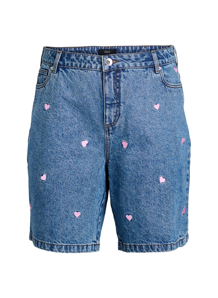 Denim-Shorts mit hoher Taille und mit Herzen bestickt, Blau, Packshot image number 0