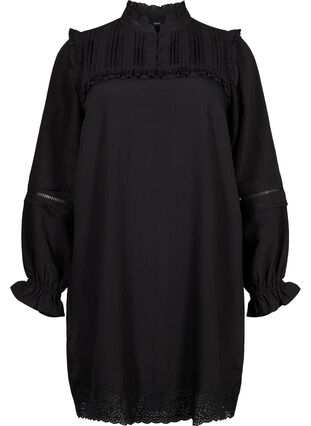 Kleid aus Viskose mit Lochstickerei und Rüschendetails, Black, Packshot image number 0