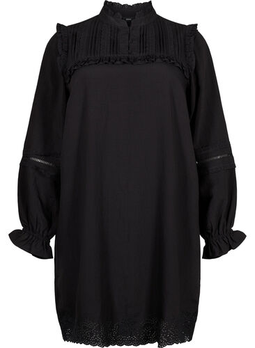 Kleid aus Viskose mit Lochstickerei und Rüschendetails, Black, Packshot image number 0