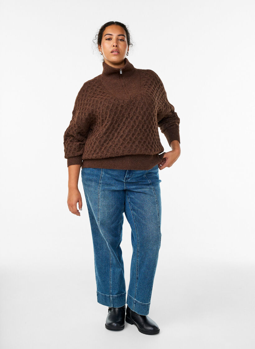 Pullover mit hohem Kragen und Struktur, Braun, Model image number 1