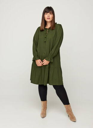Viskose Kleid mit Schleifendetail, Rifle Green, Model image number 3