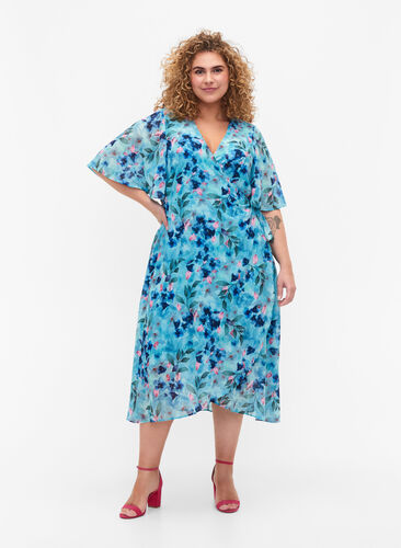 Kurzärmeliges Wrap-Kleid mit Blumenprint, Trellis AOP, Model image number 2
