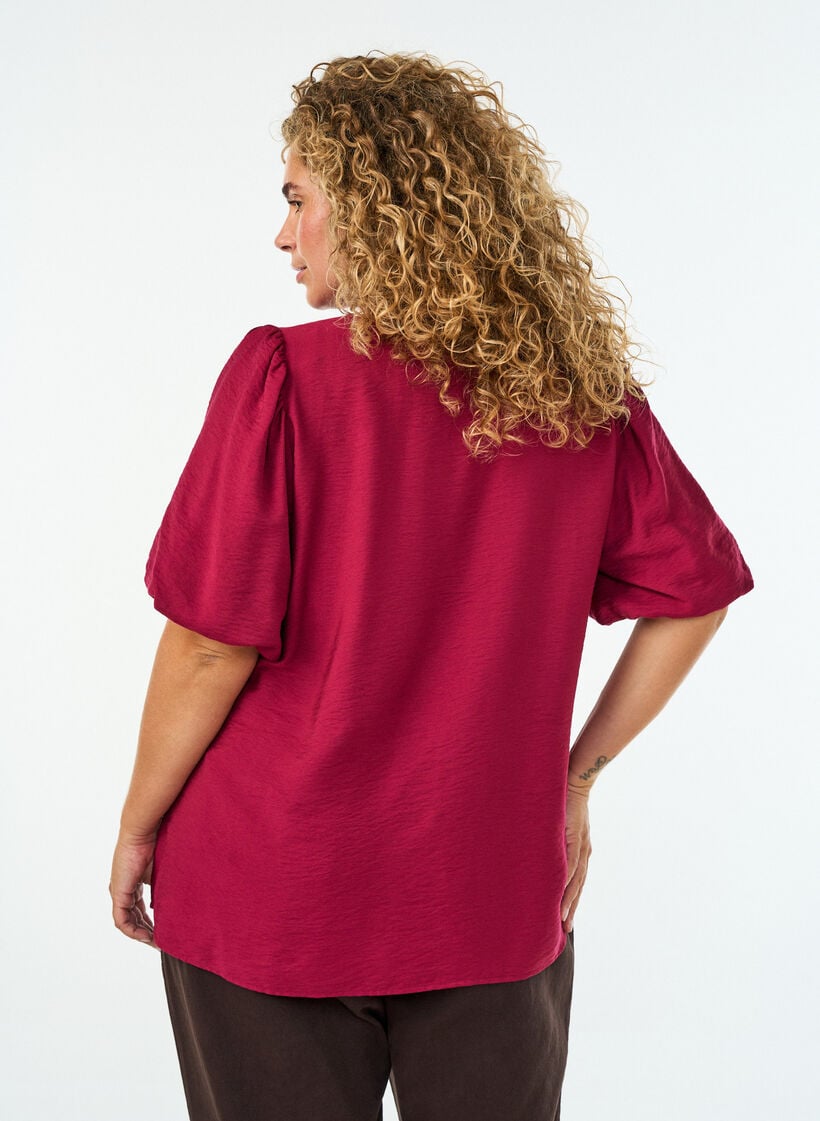 Bluse mit Ballon&auml;rmeln und V-Ausschnitt, Rot, Model image number 2