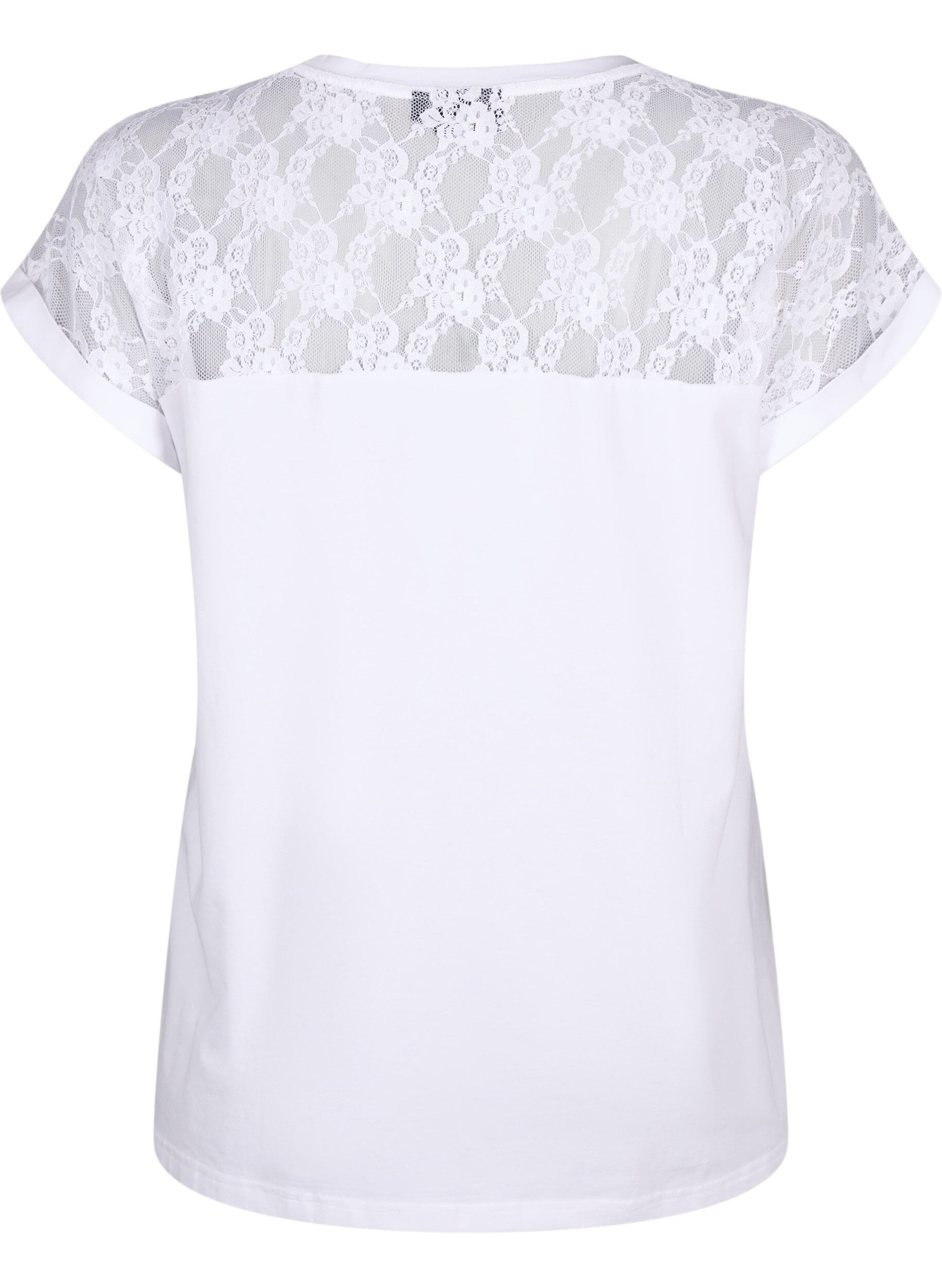 Zizzi Kurz&auml;rmliges Baumwoll-T-Shirt mit Spitze, Bright White, Packshot image number 1