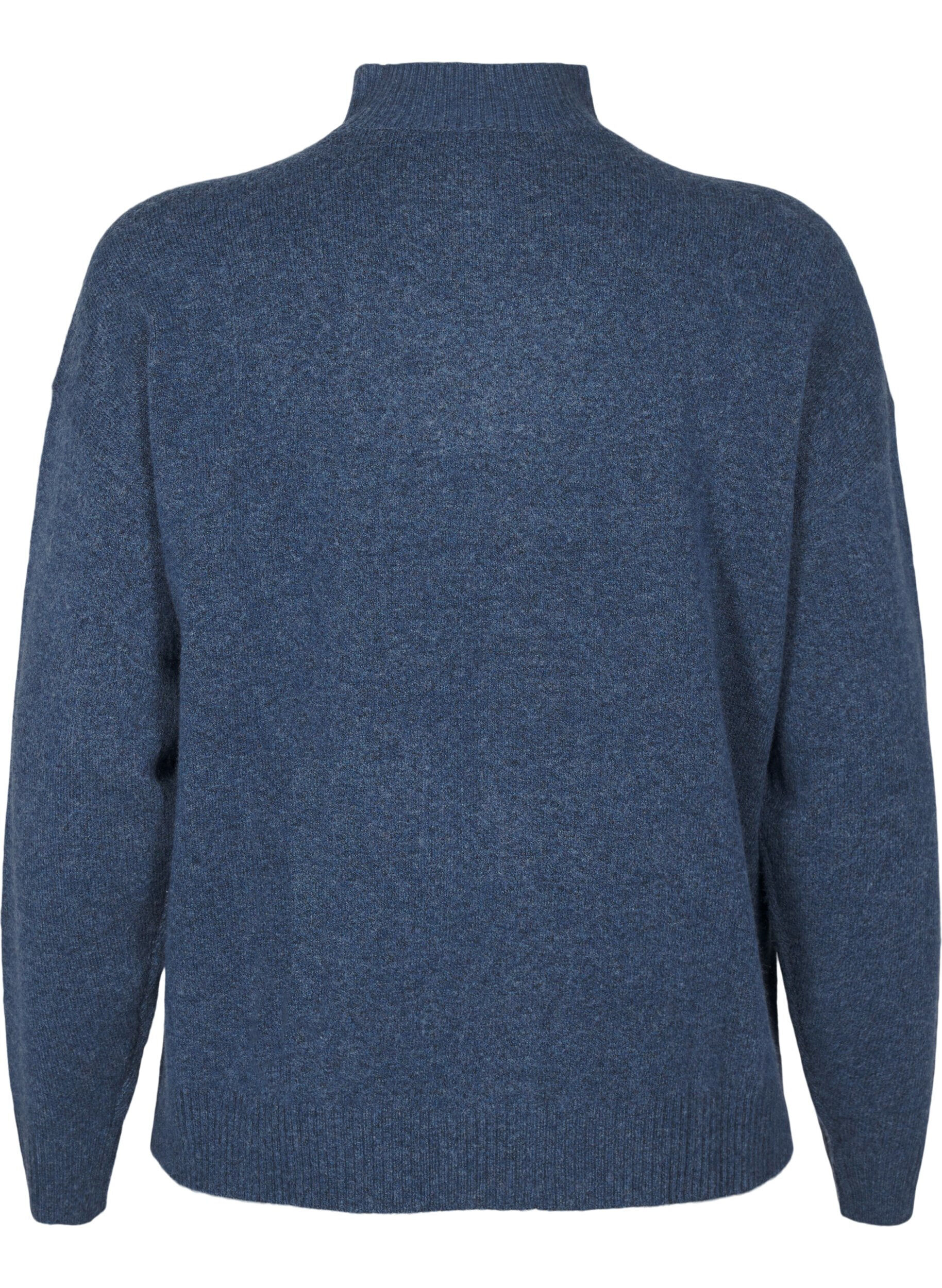 Zizzi Gestrickte Wollbluse mit hohem Kragen, Bering Sea Mel., Packshot image number 1