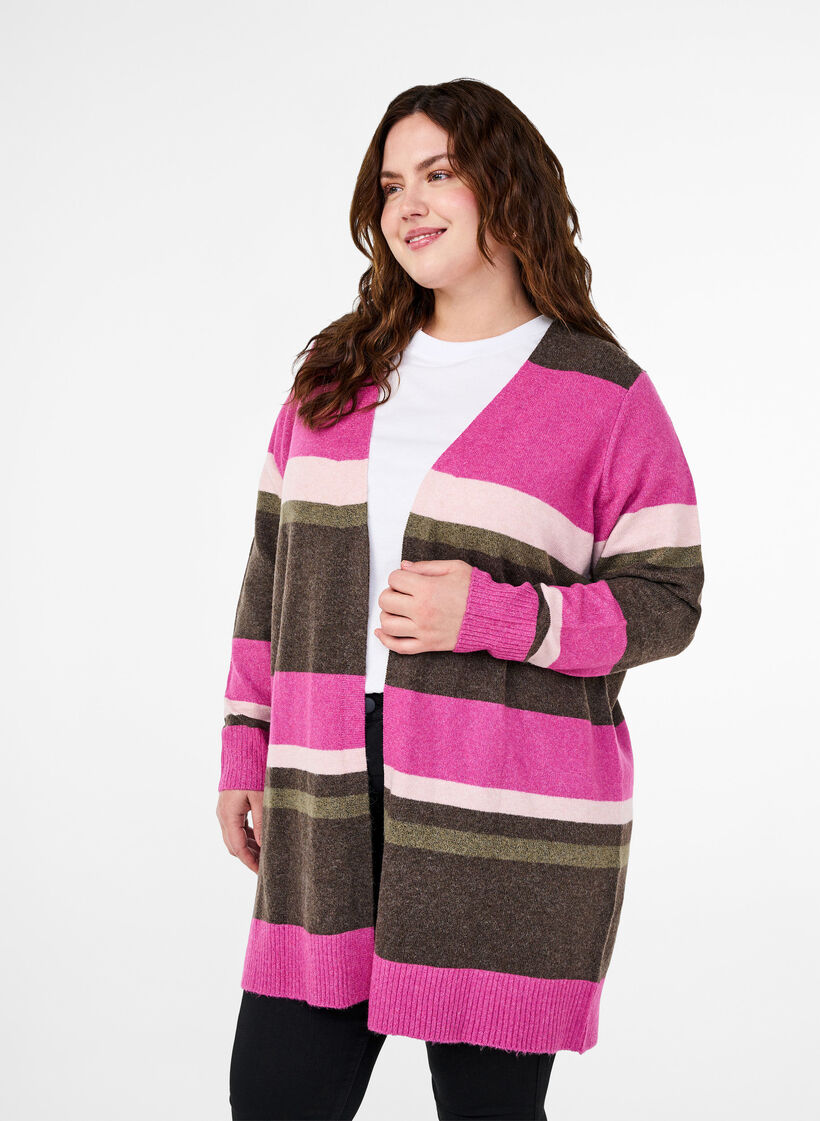 Lange Strickjacke mit breiten Streifen, Pink, Model image number 0