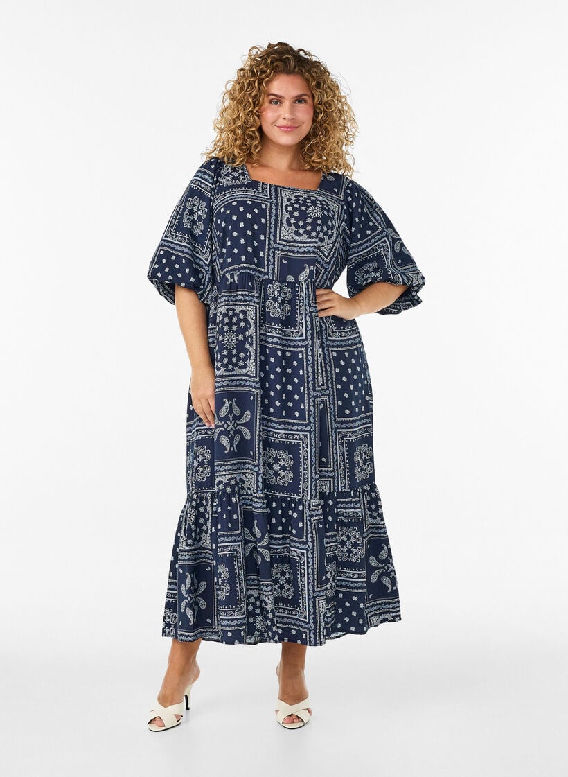Kn&ouml;chellanges Kleid aus Viskose mit Paisley-Print und kurzen &Auml;rmeln, Blau, Model image number 0