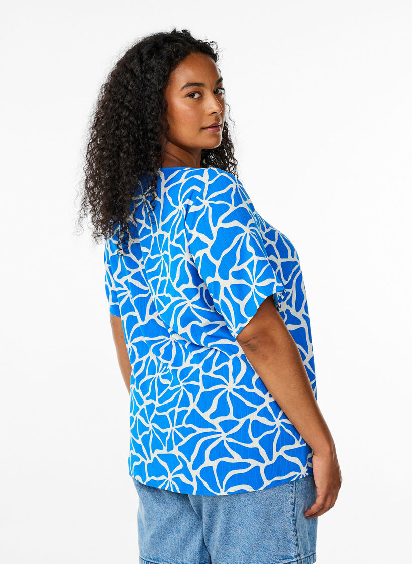 Kurzärmelige Bluse mit Rundhalsausschnitt, Blau, Model image number 2