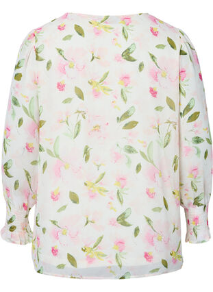 Geblümte Bluse mit langen Ärmeln und V-Ausschnitt, White/Pink Flower, Packshot image number 1