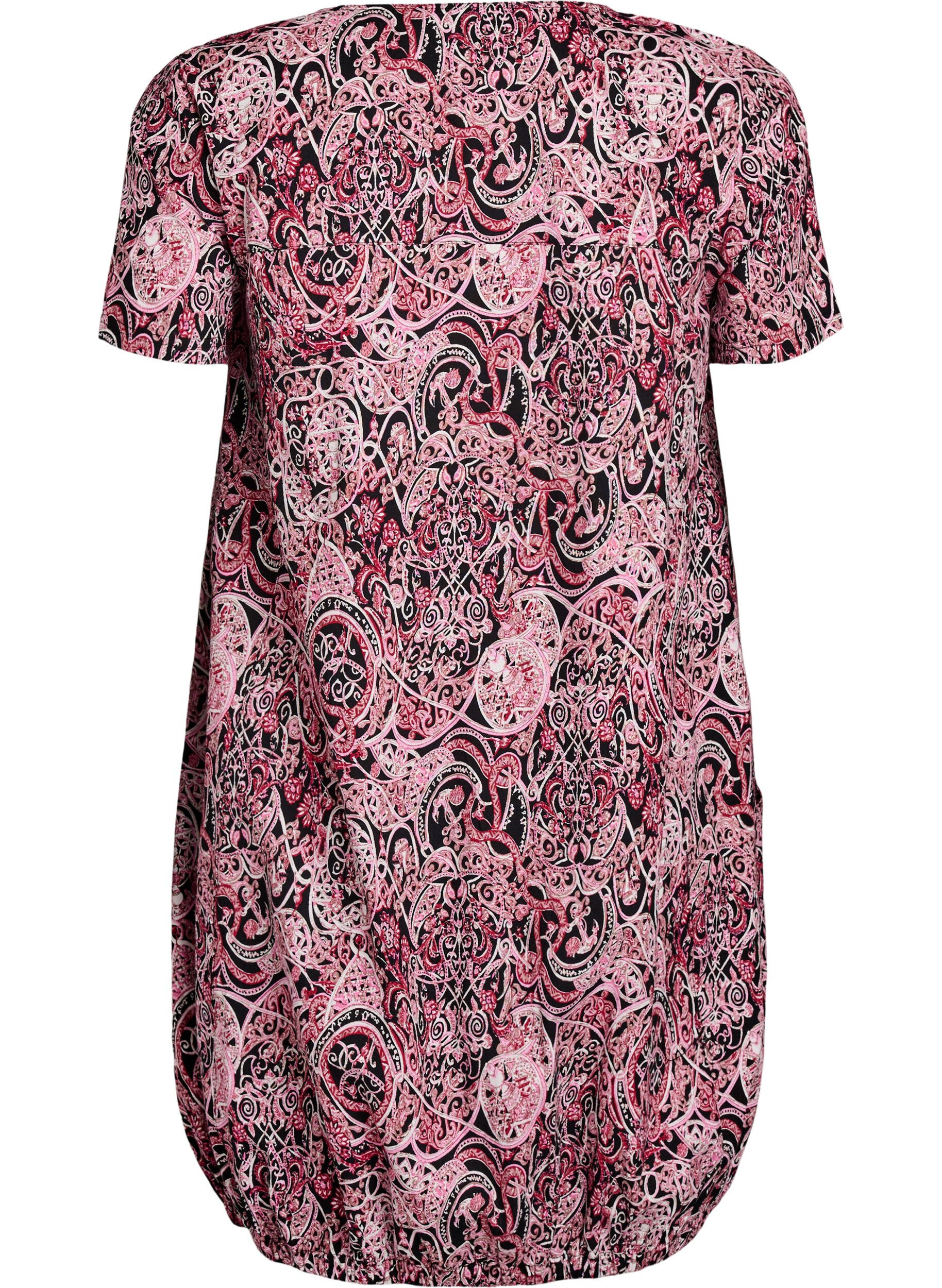 Zizzi Kurz&auml;rmliges Baumwollkleid mit Print, Schwarz, Packshot image number 1