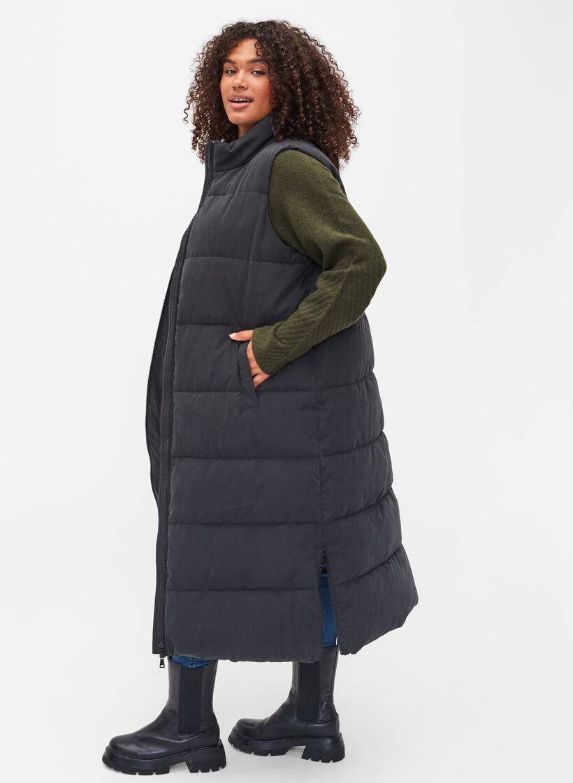 Lange Weste mit hohem Kragen Taschen, Black, Model image number 1