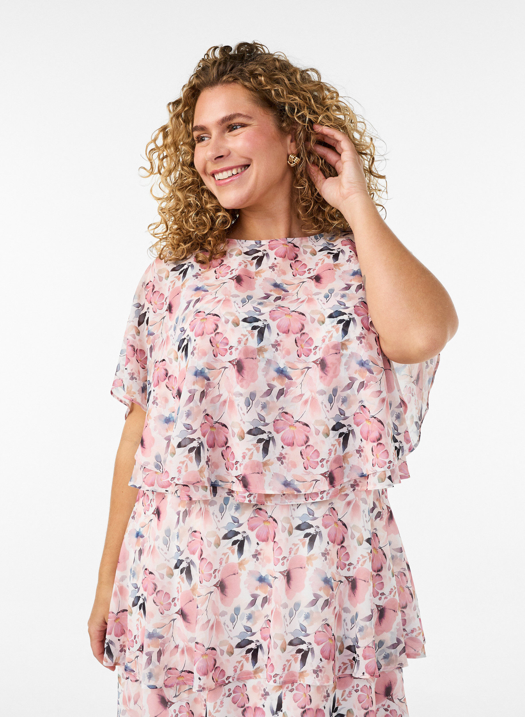 ZizziMaxikleid mit R&uuml;schen-Volants und abnehmbarem Cape, Wei&szlig;, Model image number 3