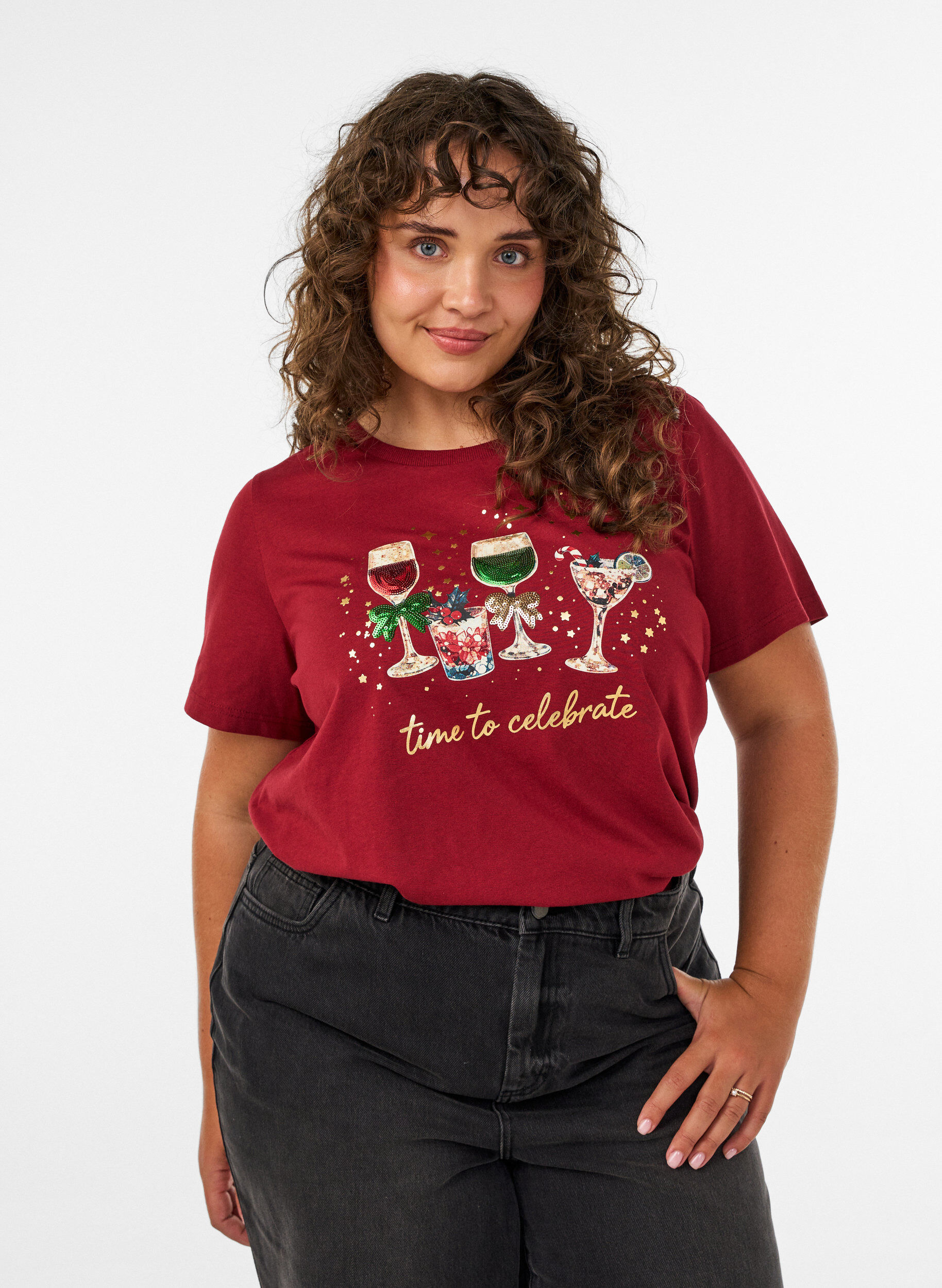 ZizziWeihnachts-T-Shirt aus Bio-Baumwolle, Rot, Model image number 0