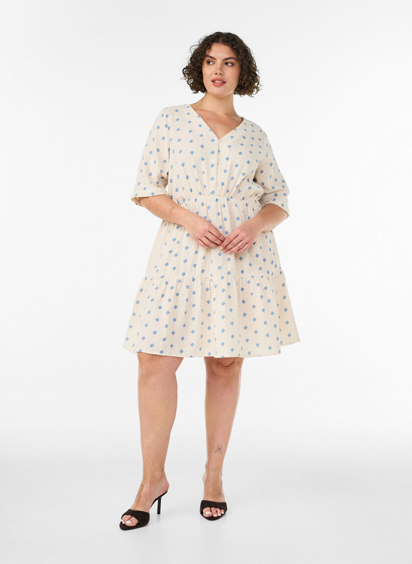 Bedrucktes Kleid aus Baumwolle mit Gummizug in der Taille, Beige, Model image number 1