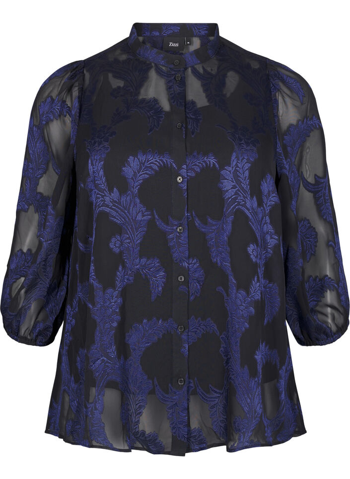 Chiffonbluse mit Jacquardmuster, Evening Blue, Packshot image number 0