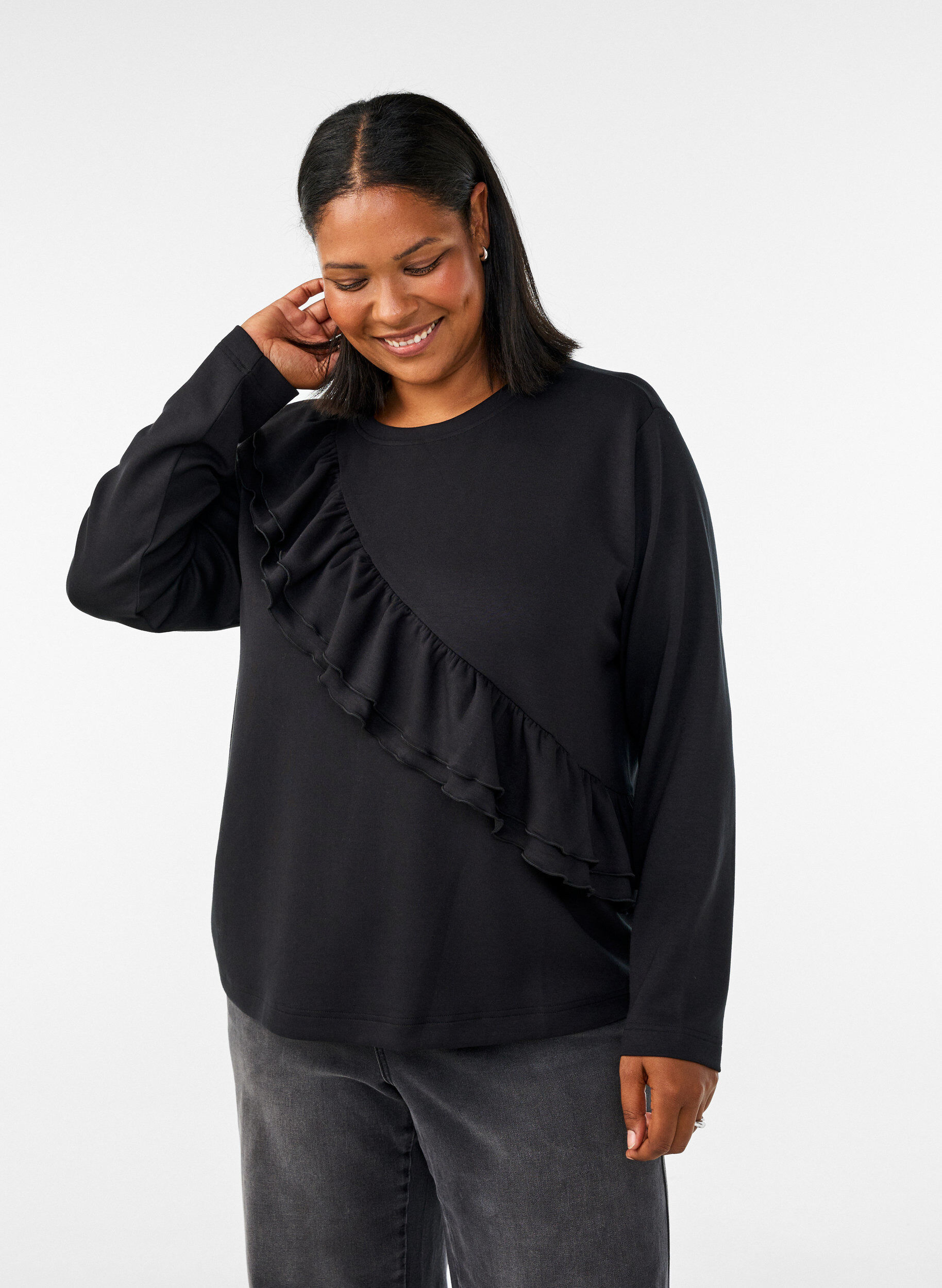 ZizziBluse aus Jersey mit diagonalem R&uuml;schendetail, Schwarz, Model image number 0
