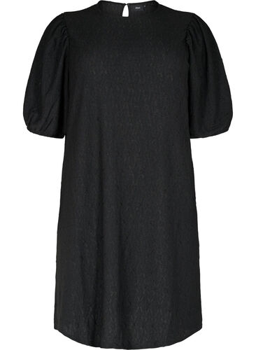Kleid mit Strukturmuster und Ballonärmeln, Black, Packshot image number 0