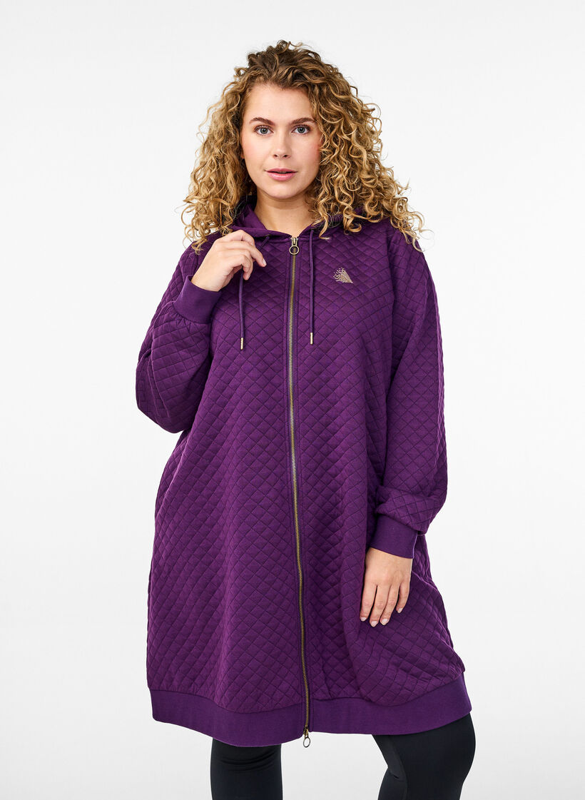 Langer gesteppter Sport-Cardigan mit Reißverschluss, Lila, Model image number 0
