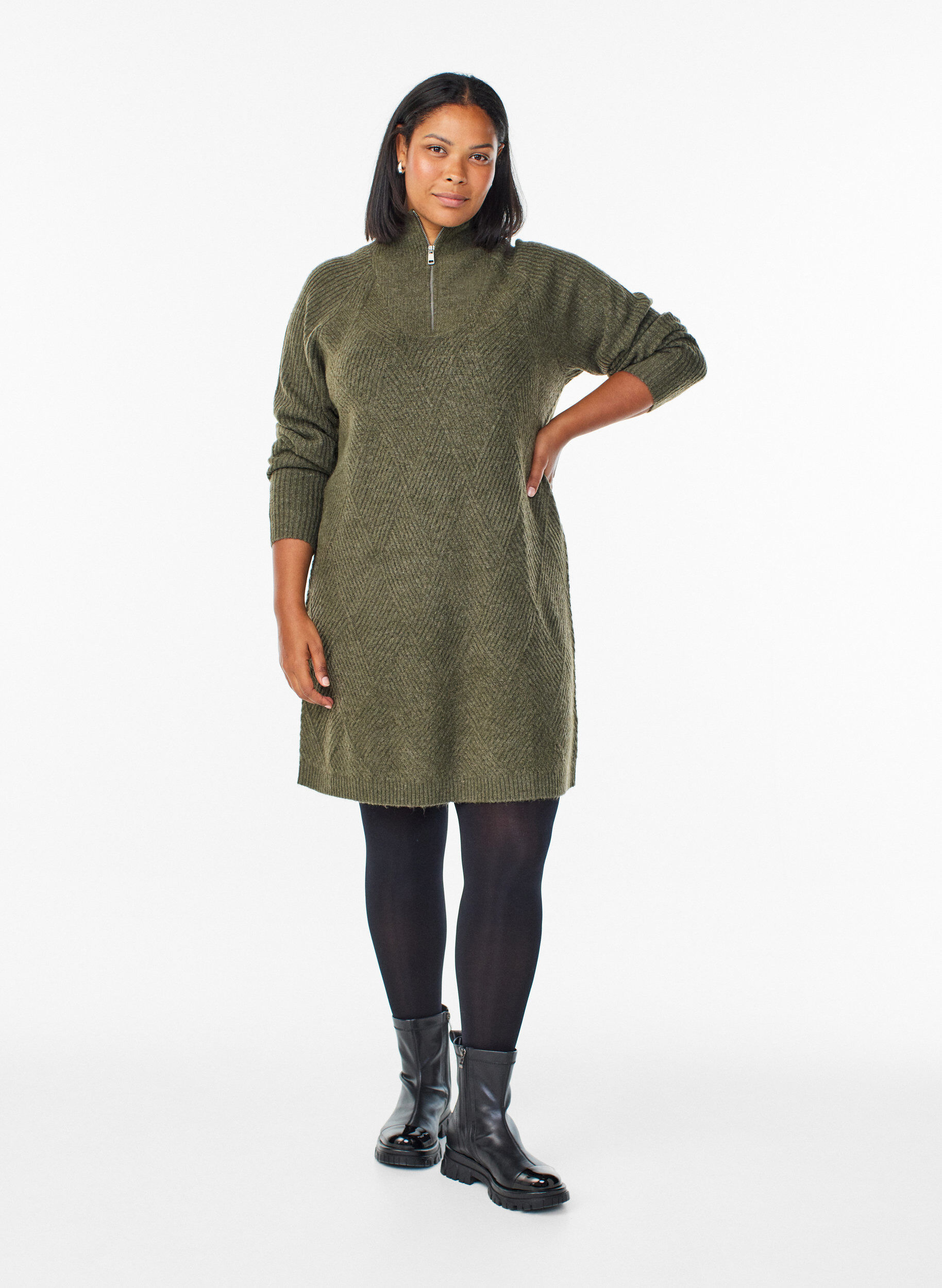 ZizziKnielanges Strickkleid mit hohem Kragen, Gr&uuml;n, Model image number 1