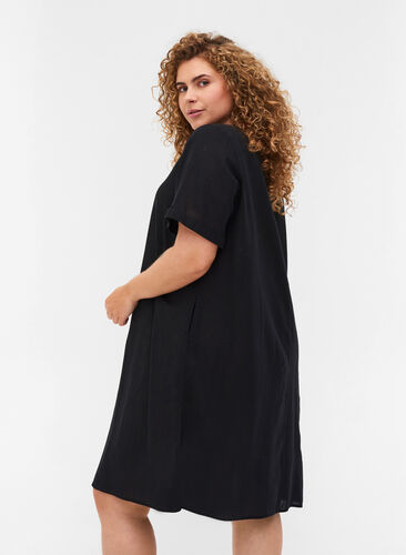 Kurzarm Kleid aus Baumwollmischung mit Leinen, Black, Model image number 1