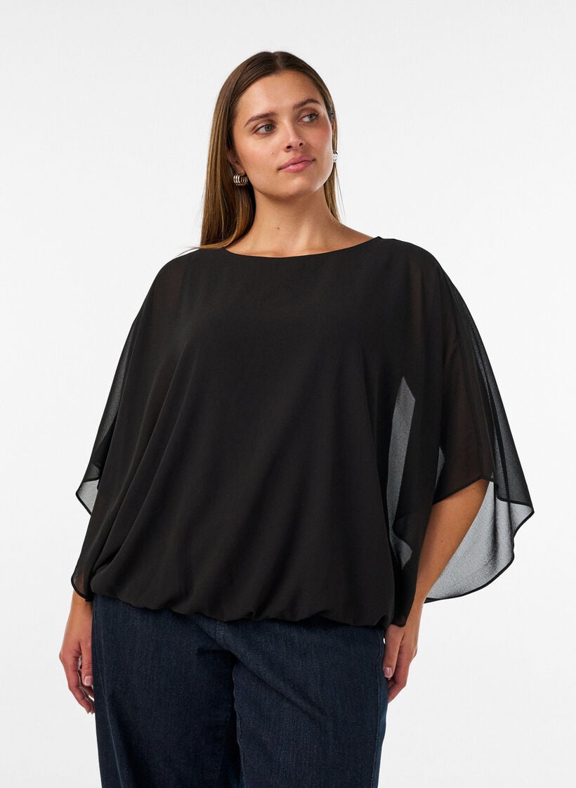 Chiffonbluse mit Balloneffekt, Schwarz, Model image number 0