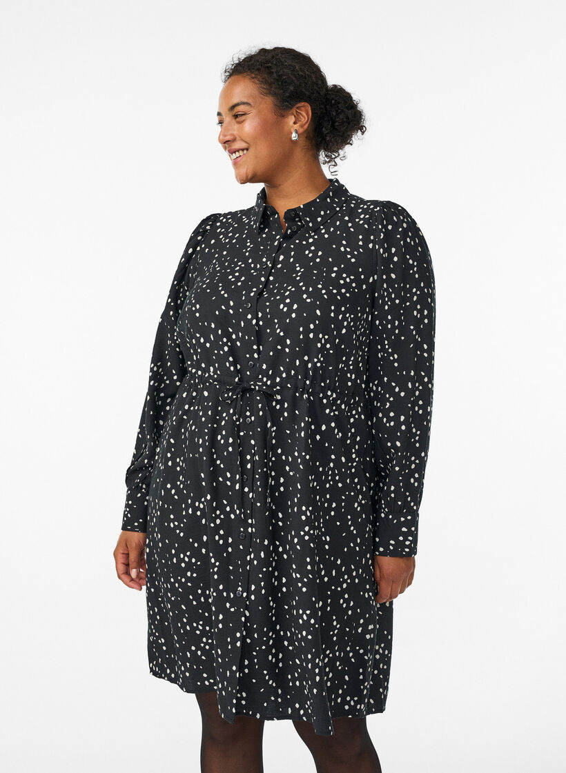 Blusenkleid aus bedrucktem Material mit Bindegürtel, Schwarz, Model image number 0