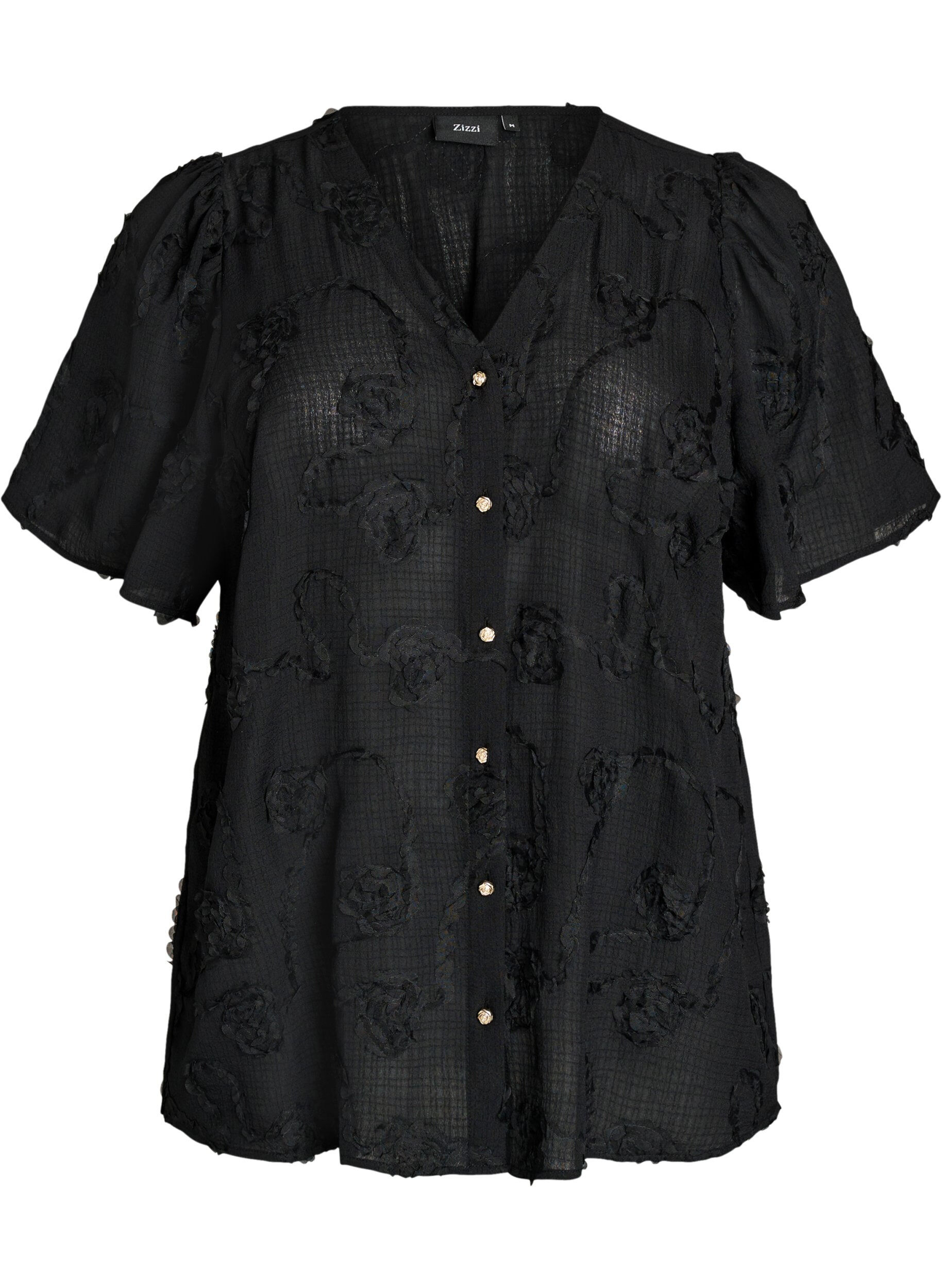Zizzi Short-sleeved shirt blouse with a 3D flower effect, Black, Packshot image number 0