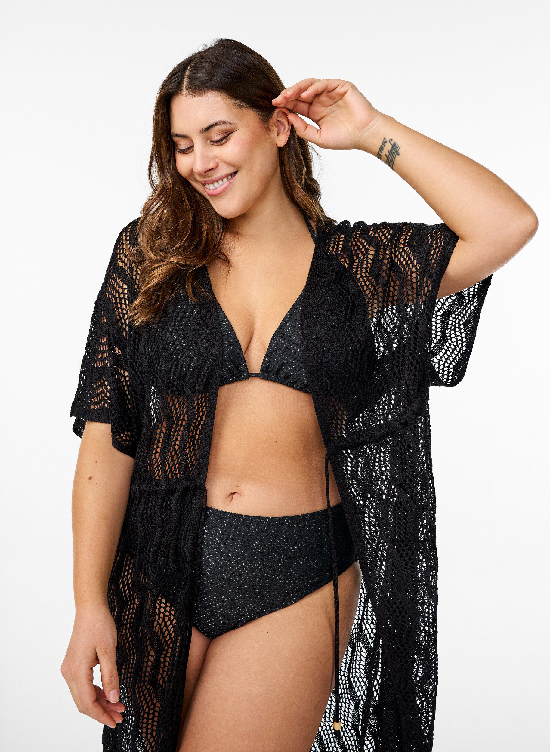Zizzi Strandkimono mit Bindeg&uuml;rtel, Schwarz, Model image number 2