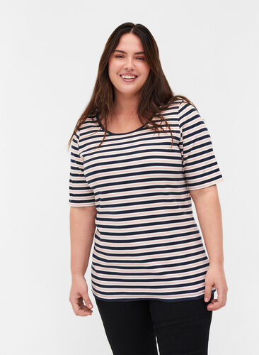 Gestreiftes T-Shirt aus Baumwolle mit Ripp, Blue Rose Stripe, Model image number 0