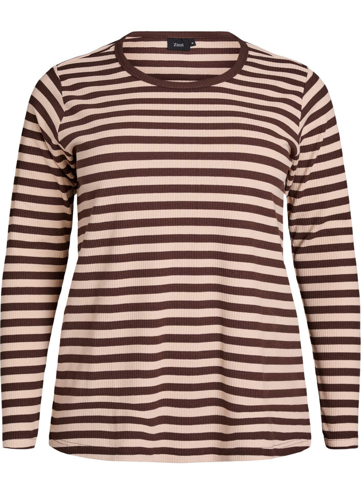 Gestreifte Bluse mit langen &Auml;rmeln, Braun, Packshot image number 0