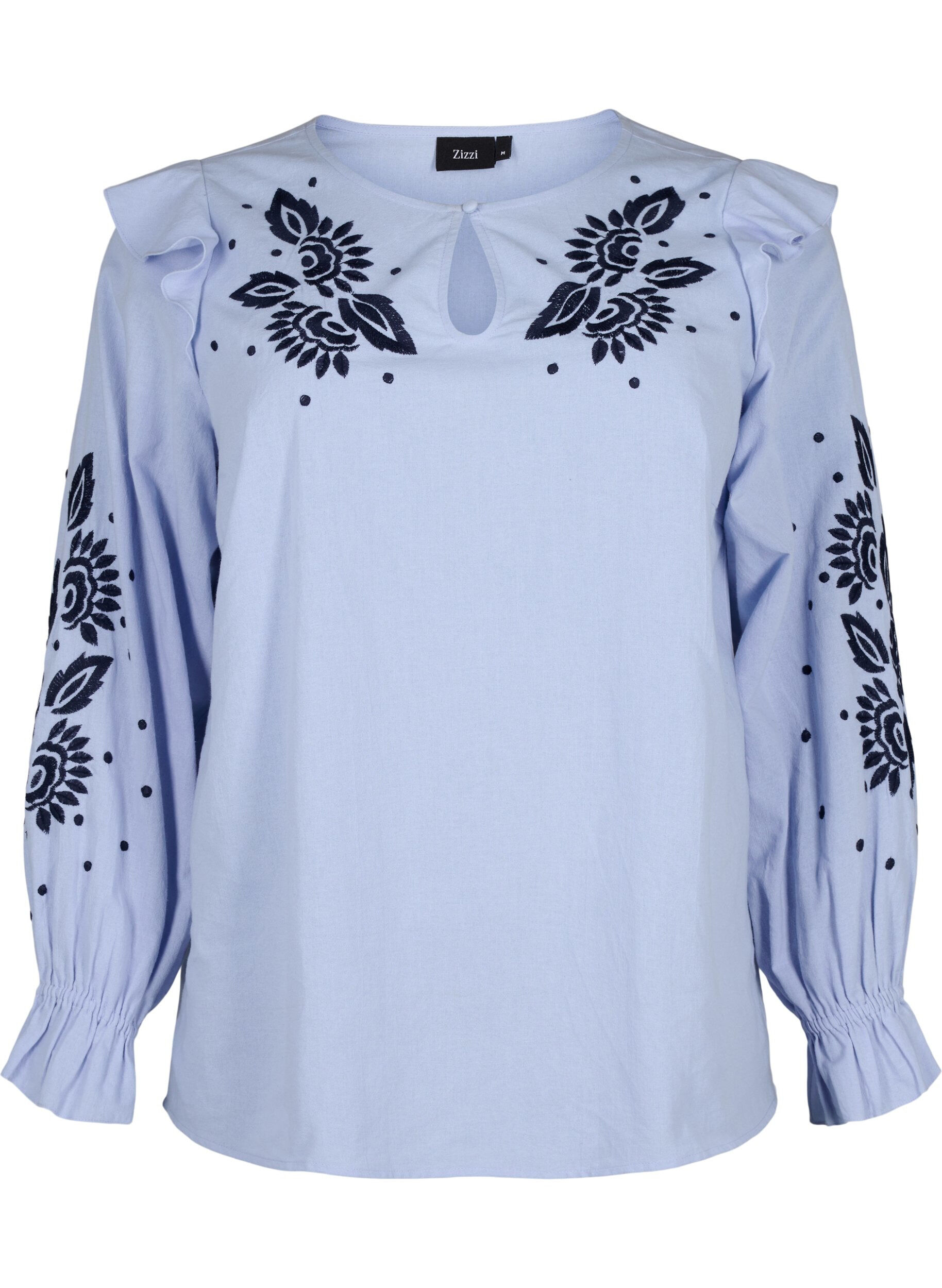 Zizzi Baumwollbluse mit Stickerei und R&uuml;schen, Blau, Packshot image number 0