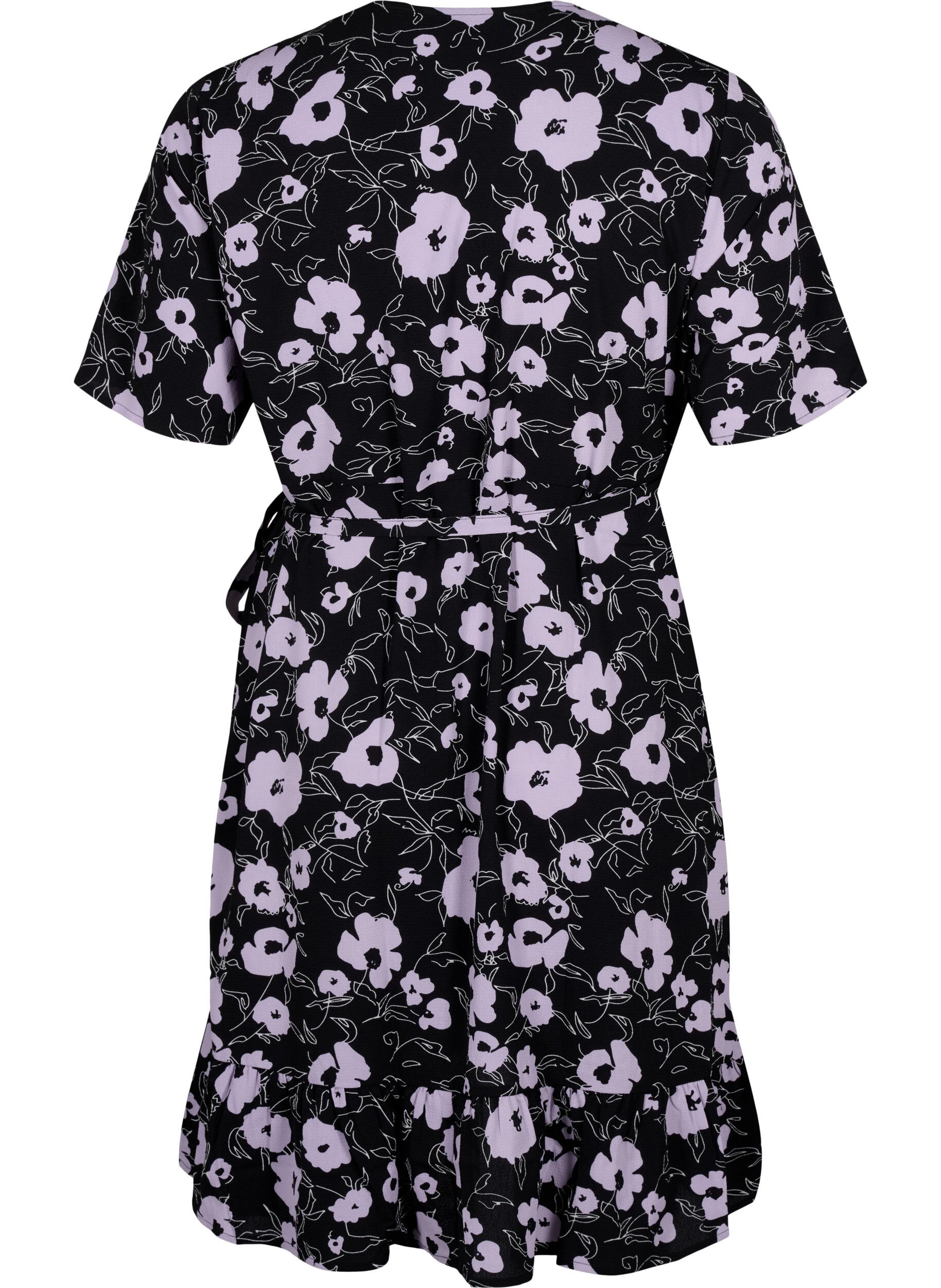 Zizzi Blumiges Wickelkleid mit kurzen &Auml;rmeln, Schwarz, Packshot image number 1