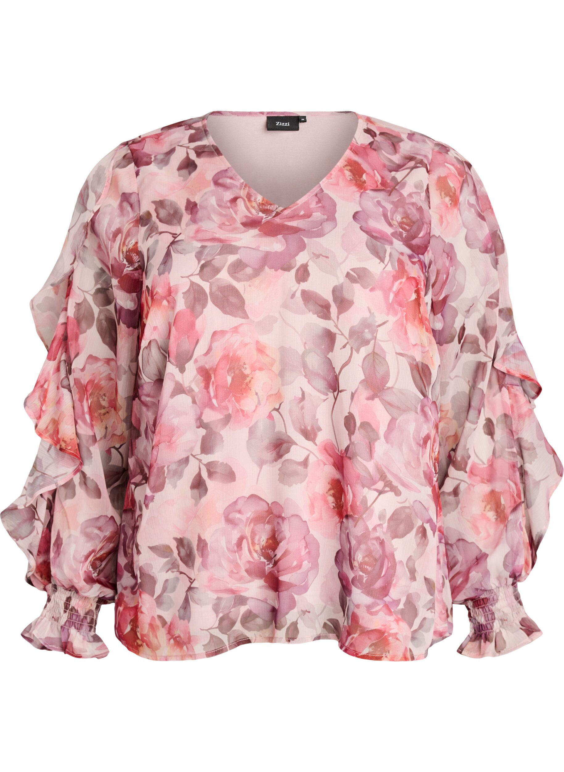 ZizziGebl&uuml;mte Bluse mit V-Ausschnitt und R&uuml;schen&auml;rmeln, Rot, Packshot image number 0