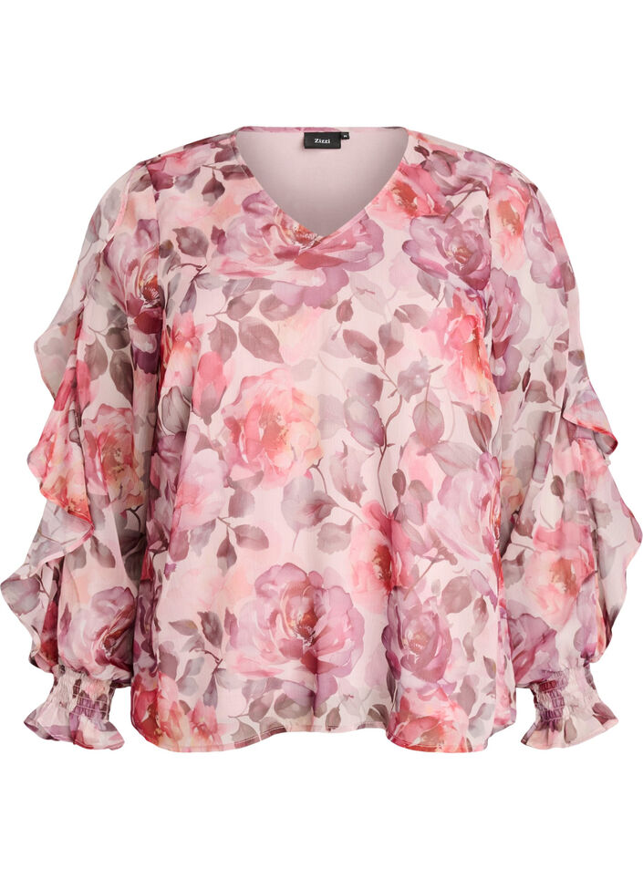 Gebl&uuml;mte Bluse mit V-Ausschnitt und R&uuml;schen&auml;rmeln, Rot, Packshot image number 0