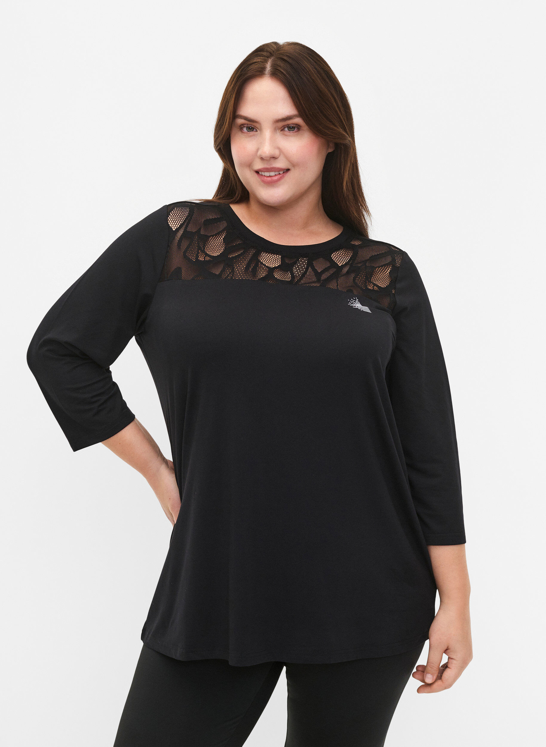 Zizzi Trainings-T-Shirt mit 3/4-&Auml;rmeln und gemustertem Gittergewebe, Black, Model image number 0