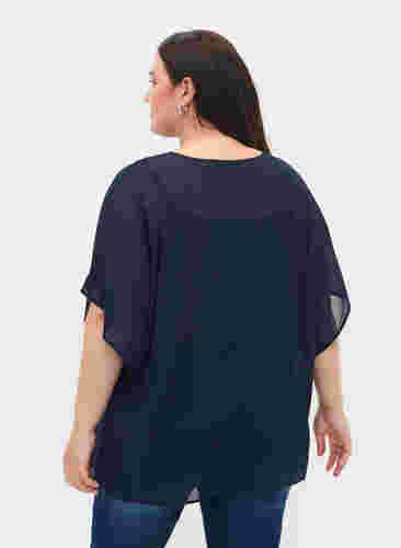 Kurzarm Bluse mit Bindebändern und Print , Navy Blazer, Model image number 1