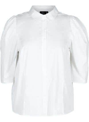 Hemdbluse aus Baumwolle mit 3/4-Puffärmeln, Bright White, Packshot image number 0