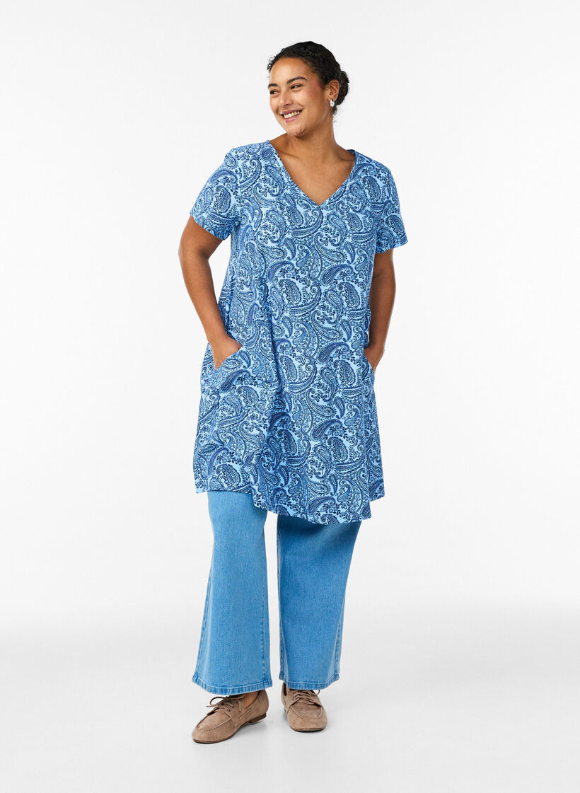 Kurzes A-Linien-Kleid mit Paisleymuster, Blau, Model image number 1