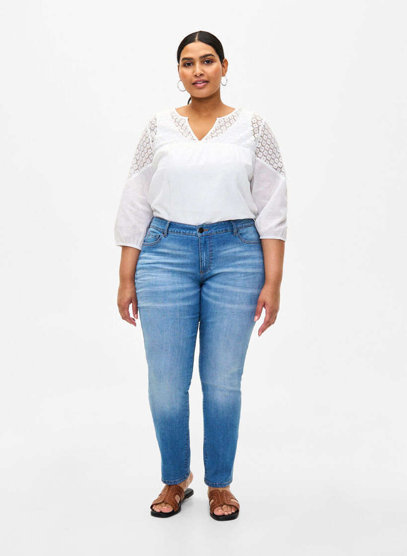 Bluse aus Baumwollmischung mit Leinen und H&auml;keldetails, Bright White, Model image number 2