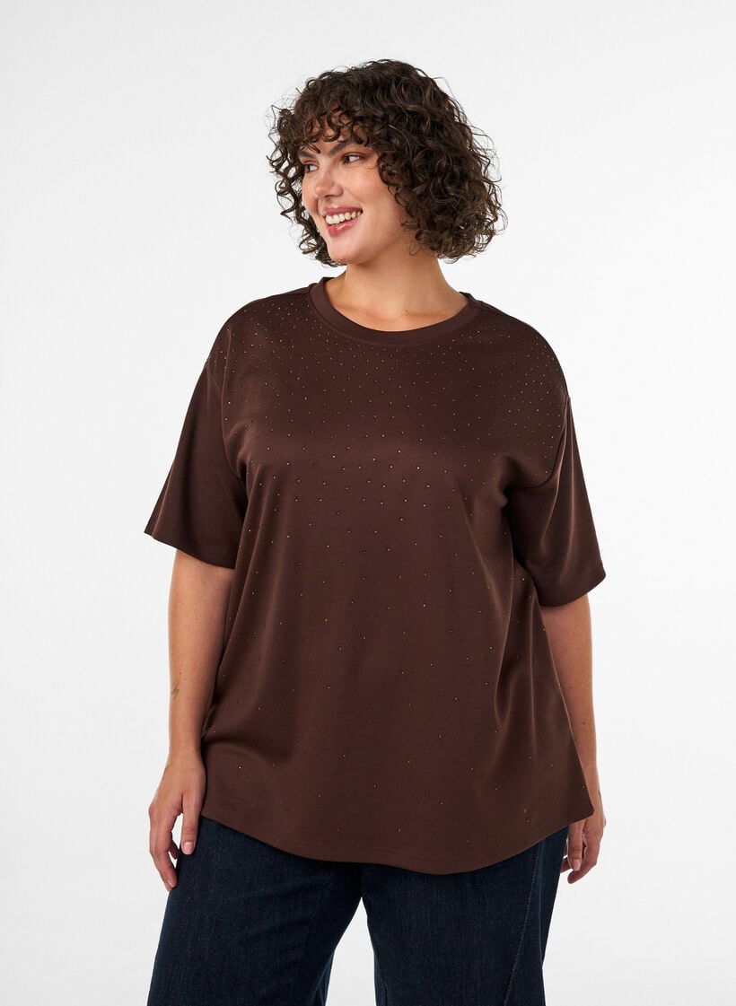 T-Shirt mit Strasssteinen und Rundhalsausschnitt, Braun, Model image number 0
