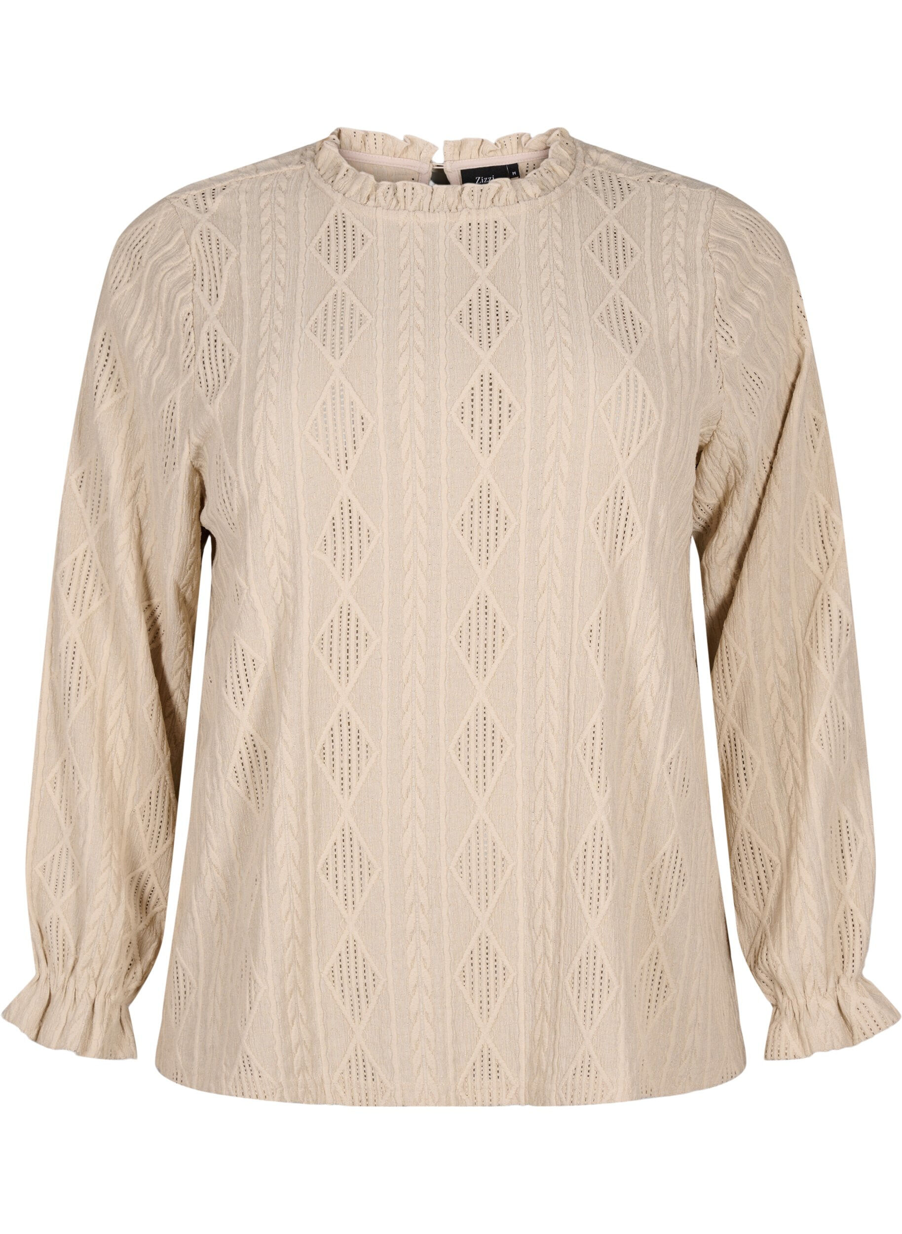 Zizzi Bluse mit R&uuml;schendetails und einem Ton in Ton gehaltenen Muster, Sand, Packshot image number 0