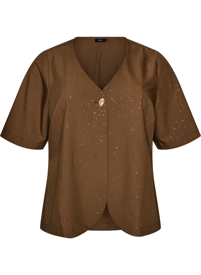Bluse mit Glitzer und V-Ausschnitt, Braun, Packshot image number 0